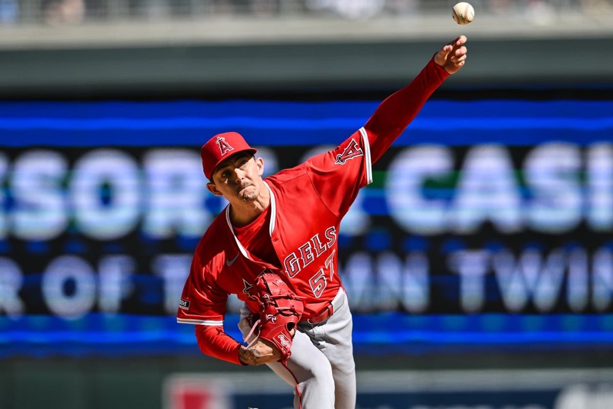 Apr 26, 2025; Minneapolis, Minnesota, USA; Los Angeles Angels pitcher Garrett McDaniels (57) throws a pitch against the Minnesota Twins during the eighth inning at Target Field. Mandatory Credit: Jeffrey Becker-Imagn Images