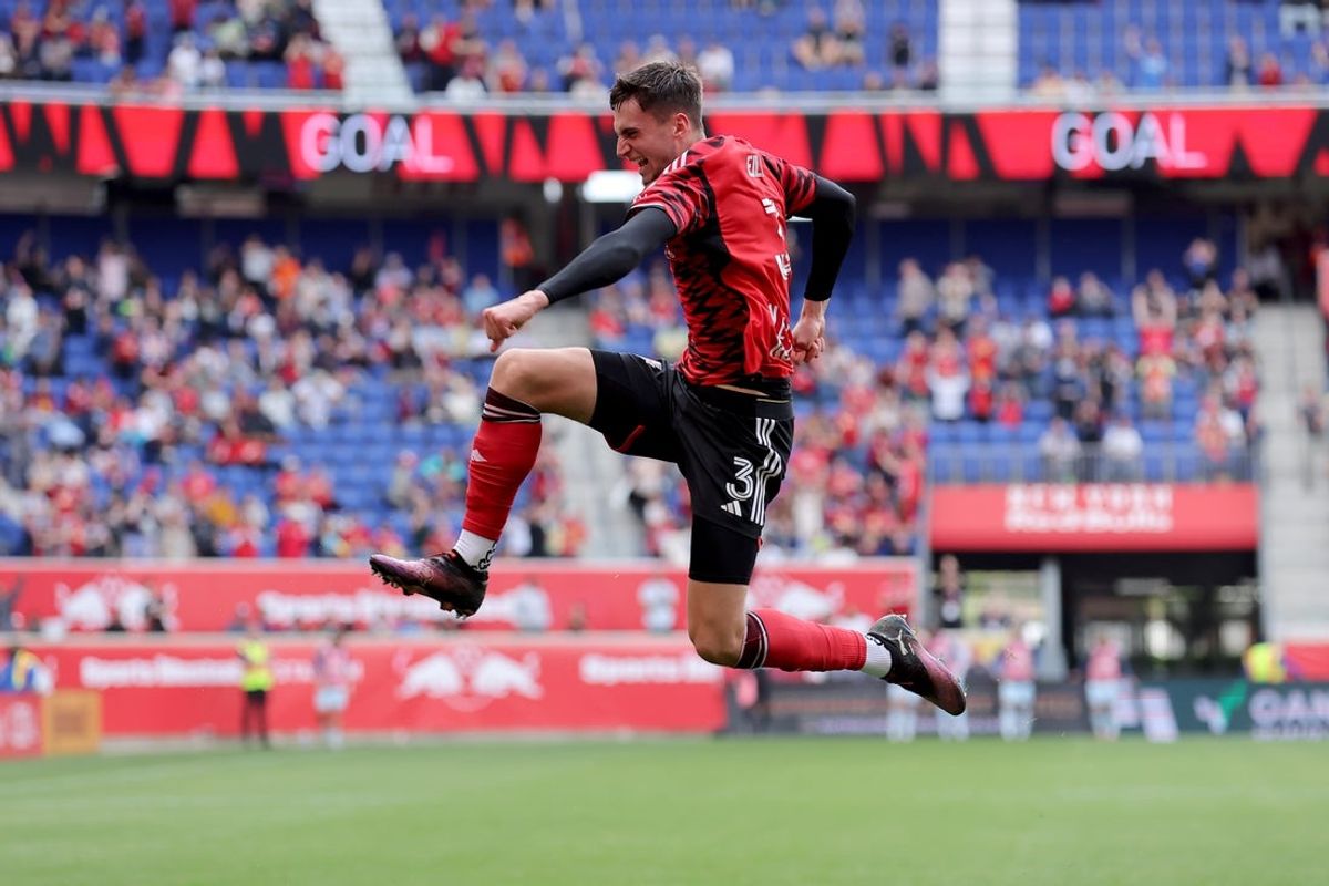 Apr 26, 2025; Harrison, New Jersey, USA; New York Red Bulls defender Noah Eile (3) celebrates his goal against CF Montreal during the second half at Sports Illustrated Stadium. Mandatory Credit: Brad Penner-Imagn Images