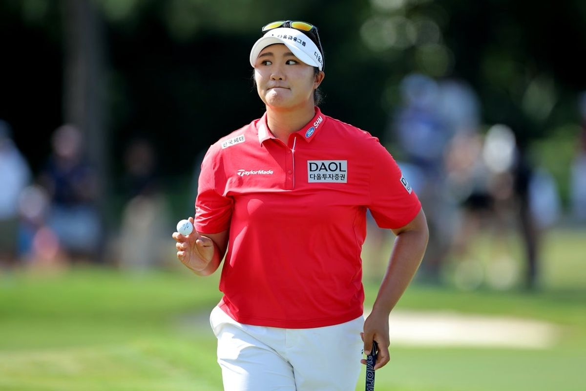 Apr 26, 2025; The Woodlands, Texas, USA; Haeran Ryu of Korea reacts after putting on the 18th hole during the third round of The Chevron Championship golf tournament. Mandatory Credit: Erik Williams-Imagn Images