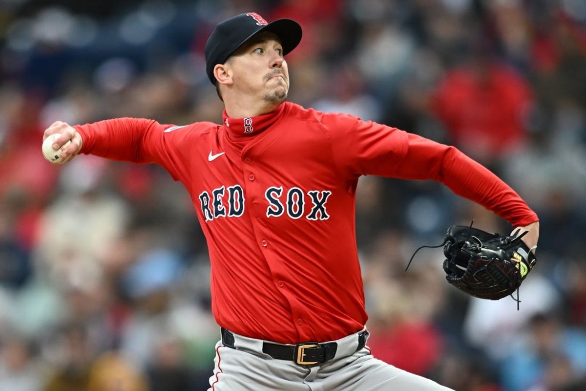Apr 26, 2025; Cleveland, OH, USA; Boston Red Sox starting pitcher Walker Buehler (0) throws a pitch during the first inning against the Cleveland Guardians at Progressive Field. Mandatory Credit: Ken Blaze-Imagn Images