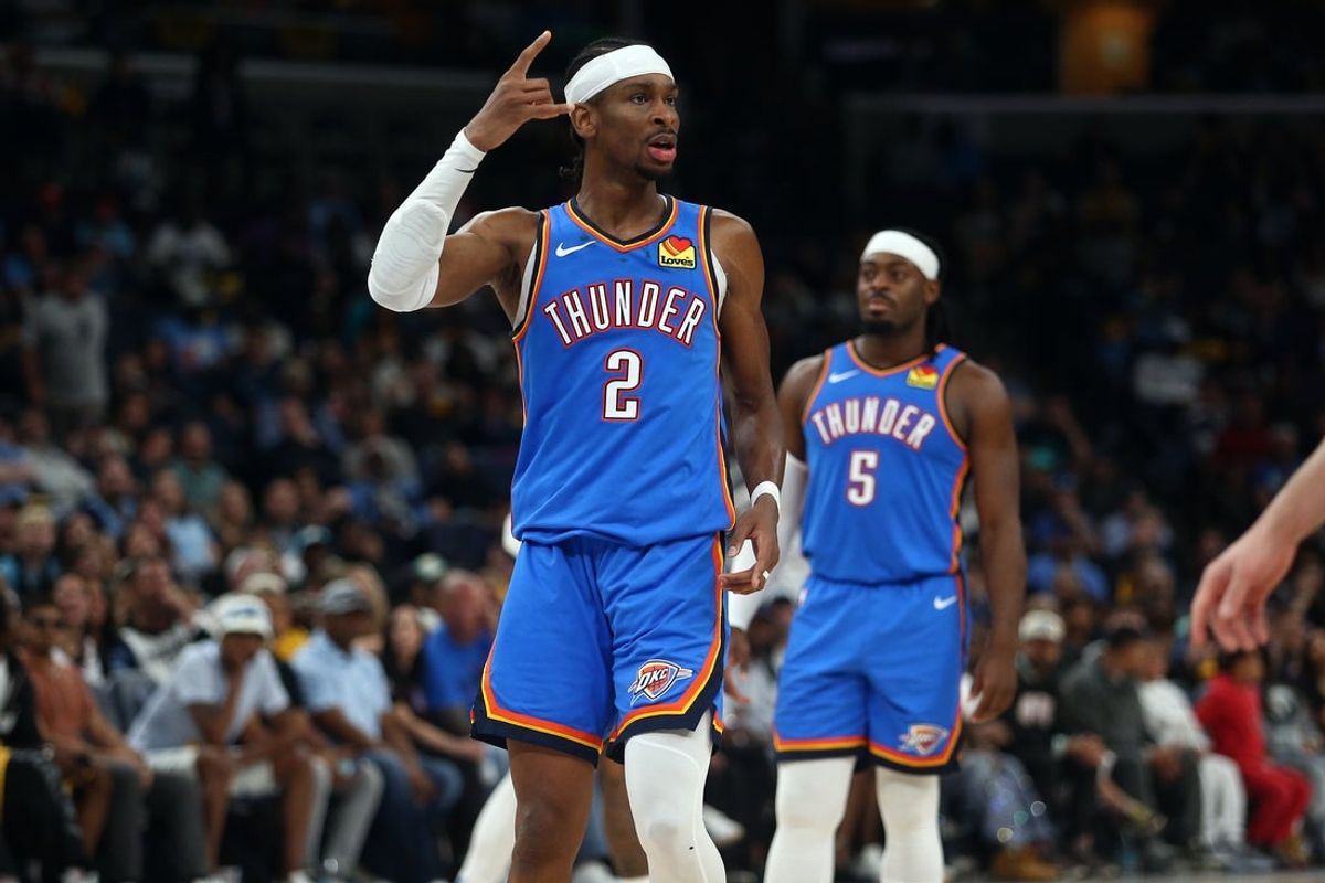 Apr 26, 2025; Memphis, Tennessee, USA; Oklahoma City Thunder guard Shai Gilgeous-Alexander (2) reacts during the fourth quarter against the Memphis Grizzlies during game four for the first round of the 2024 NBA Playoffs at FedExForum. Mandatory Credit: Petre Thomas-Imagn Images