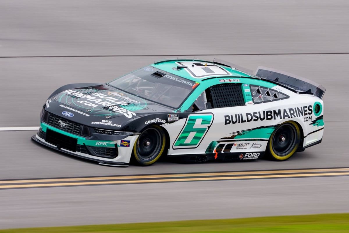 Apr 26, 2025; Talladega, Alabama, USA; NASCAR Cup Series driver Brad Keselowski (6) comes out of turn four during the General Tire 200 at Talladega Superspeedway. Mandatory Credit: Jason Allen-Imagn Images