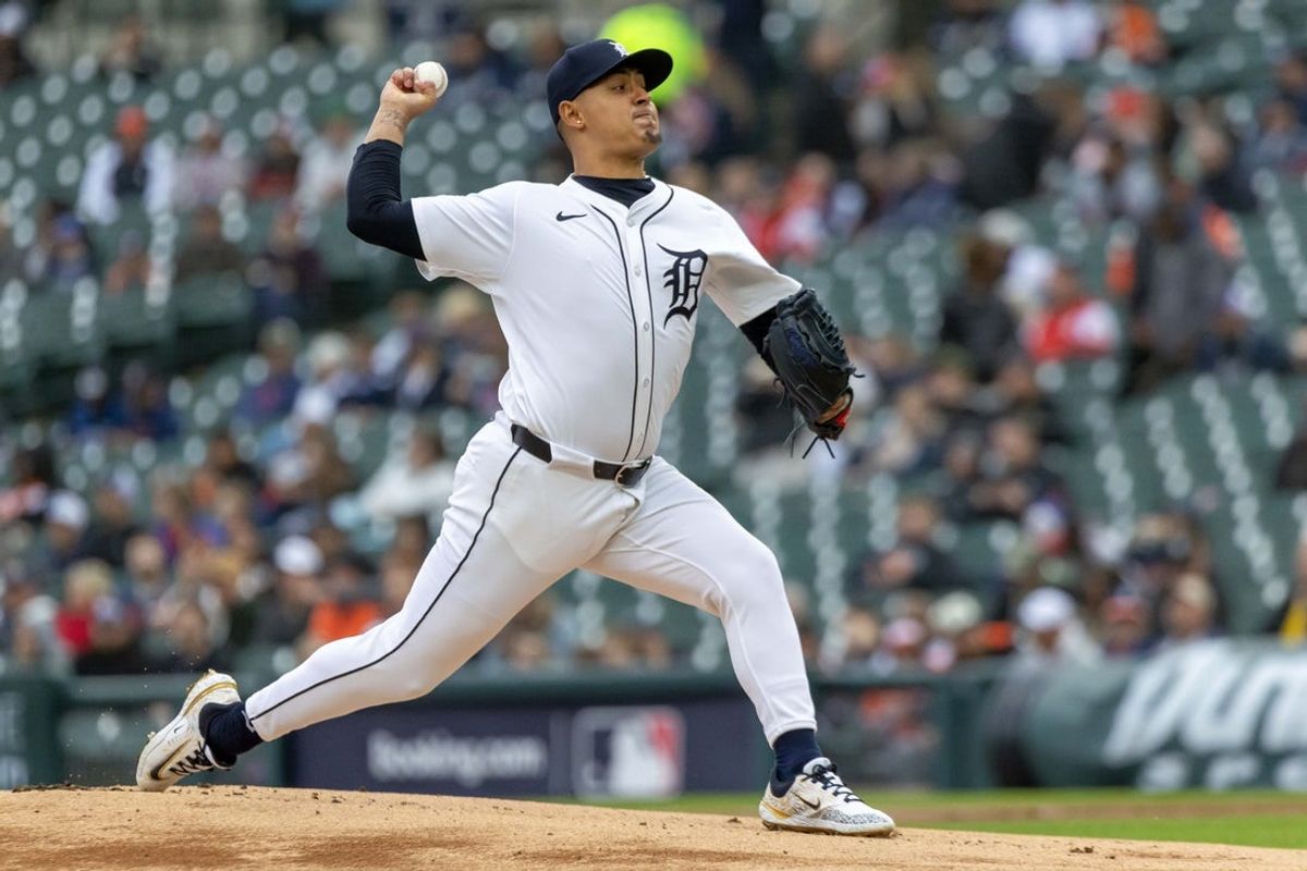 Apr 26, 2025; Detroit, Michigan, USA; Detroit Tigers pitcher Keider Montero (54) delivers in the first inning against the Baltimore Orioles during game two of a double header at Comerica Park. Mandatory Credit: David Reginek-Imagn Images