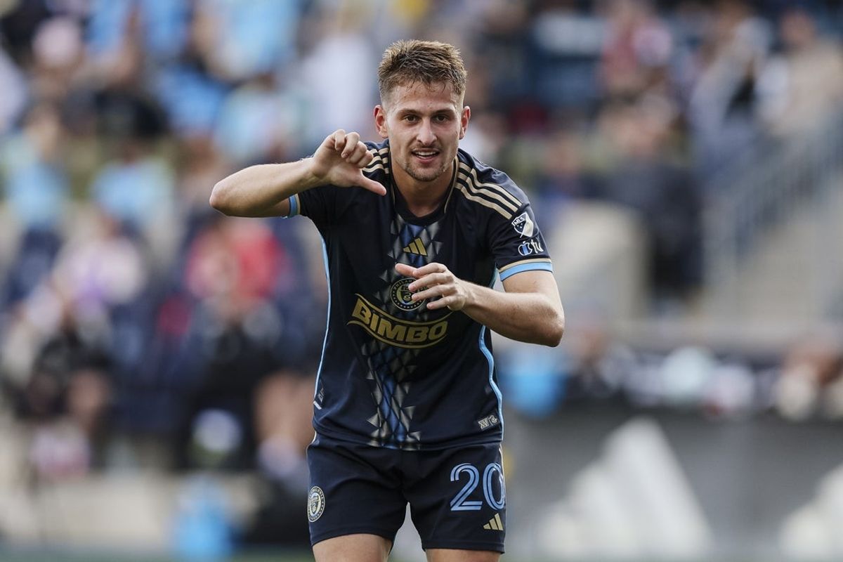 Apr 26, 2025; Chester, Pennsylvania, USA; Philadelphia Union forward Bruno Damiani (20) celebrates after scoring a goal against D.C. United during the second half at Subaru Park. Mandatory Credit: Caean Couto-Imagn Images