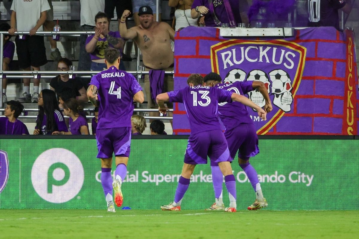 Apr 26, 2025; Orlando, Florida, USA; Orlando City celebrate their goal during the second half against Atlanta United at Inter&Co Stadium. Mandatory Credit: Mike Watters-Imagn Images