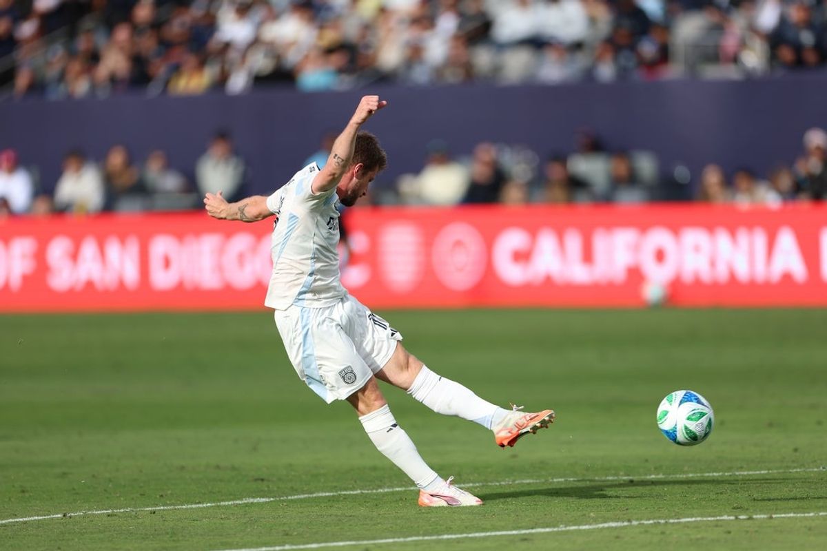 Apr 26, 2025; San Diego, California, USA;  San Diego FC forward Anders Dreyer (10) shoots the ball against Real Salt Lake during the first half at Snapdragon Stadium. Mandatory Credit: Abe Arredondo-Imagn Images