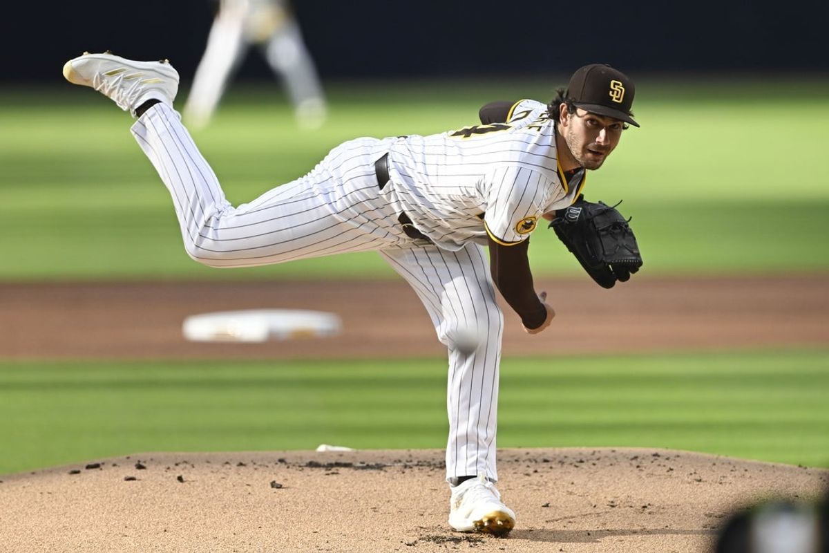 Apr 26, 2025; San Diego, California, USA; San Diego Padres starting pitcher Dylan Cease (84) delivers during the first inning against the Tampa Bay Rays at Petco Park. Mandatory Credit: Denis Poroy-Imagn Images