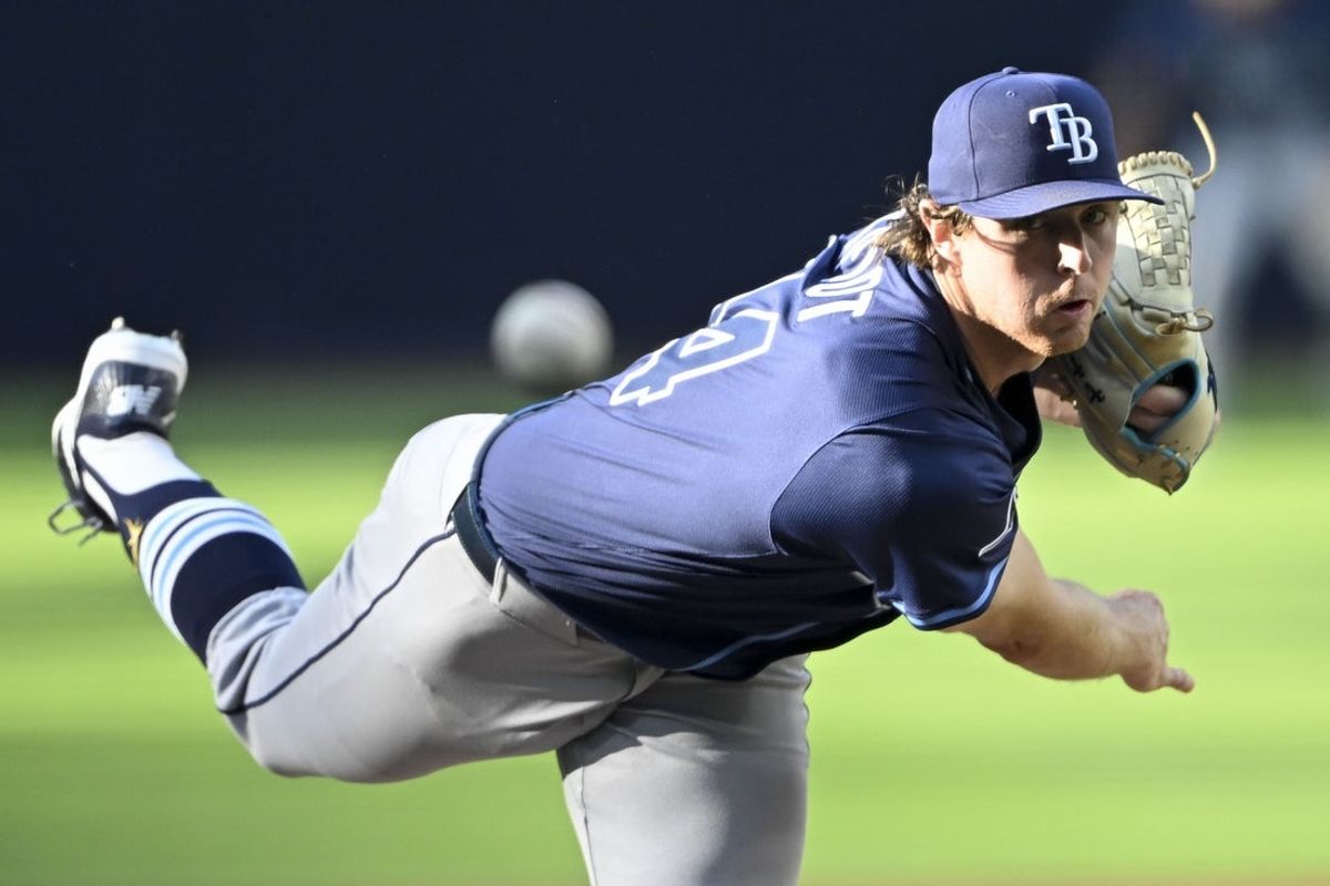 Apr 26, 2025; San Diego, California, USA; Tampa Bay Rays starting pitcher Ryan Pepiot (44) delivers during the first inning against the San Diego Padres at Petco Park. Mandatory Credit: Denis Poroy-Imagn Images