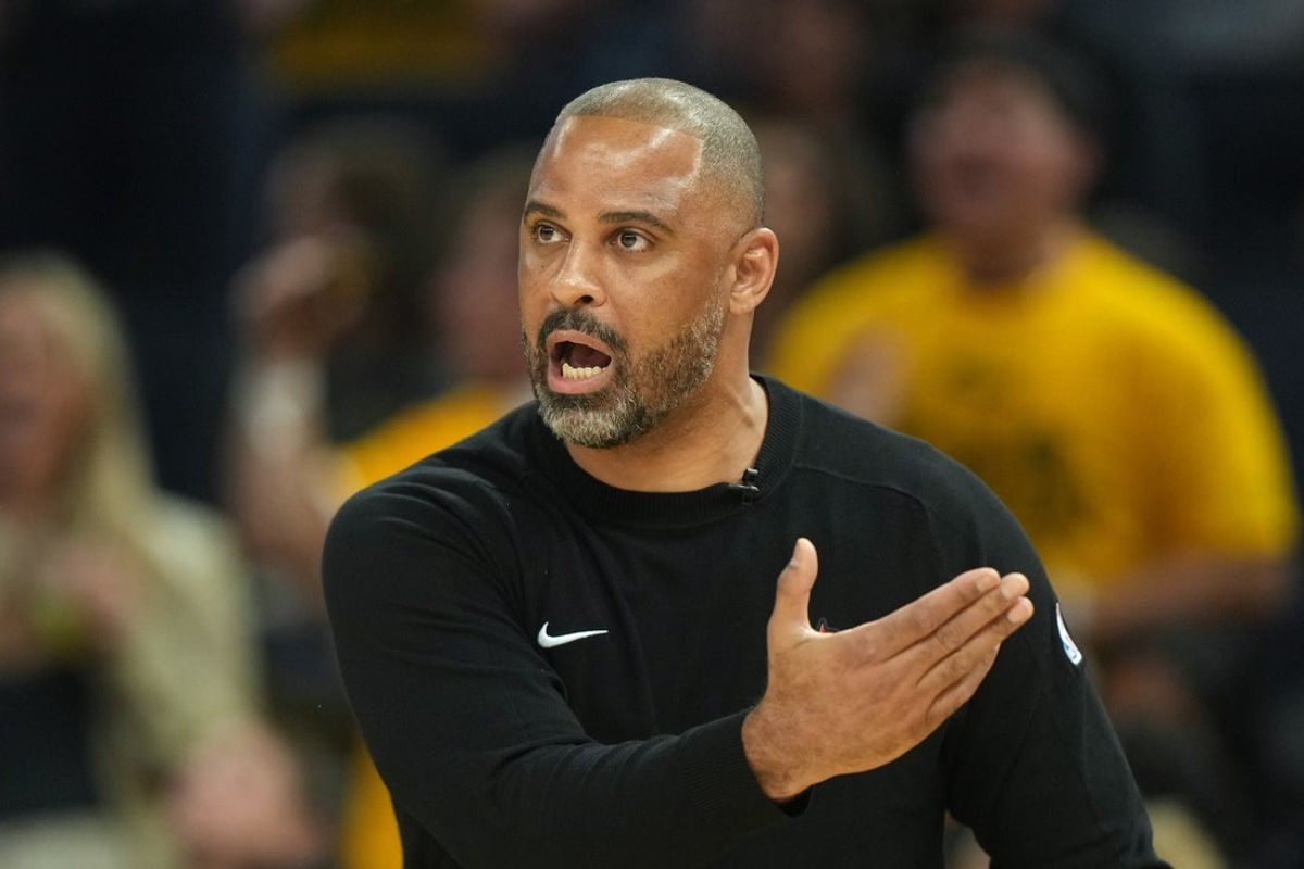 Apr 26, 2025; San Francisco, California, USA; Houston Rockets head coach Ime Udoka yells during the first quarter against the Golden State Warriors during the first quarter of game three of first round for the 2024 NBA Playoffs at Chase Center. Mandatory Credit: Darren Yamashita-Imagn Images