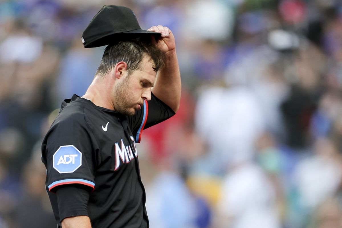 Apr 26, 2025; Seattle, Washington, USA; Miami Marlins starting pitcher Connor Gillispie walks off the field during the first inning of an MLB baseball game against the Seattle Mariners at T-Mobile Park. Mandatory Credit: Ryan Sun-Imagn Images