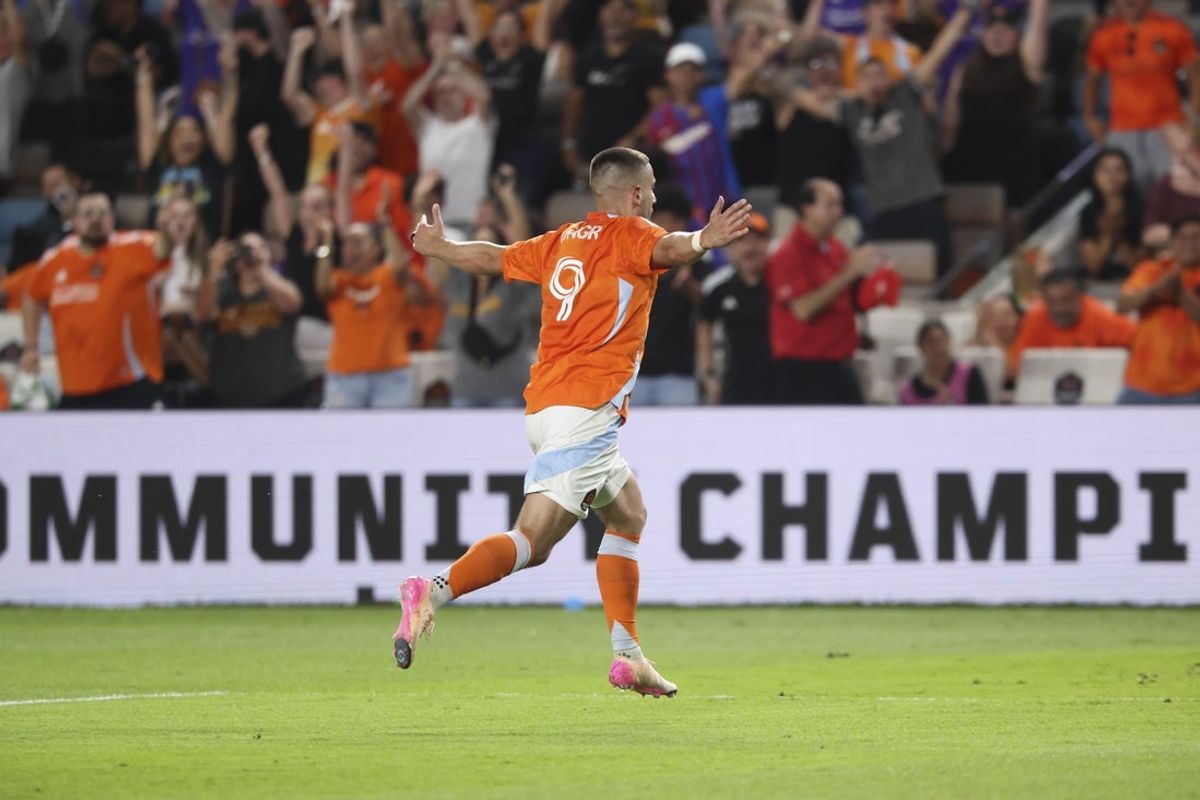 Apr 26, 2025; Houston, Texas, USA; Houston Dynamo FC midfielder Ondrej Lingr (9) celebrates after scoring a goal during the second half against Austin FC at Shell Energy Stadium. Mandatory Credit: Troy Taormina-Imagn Images