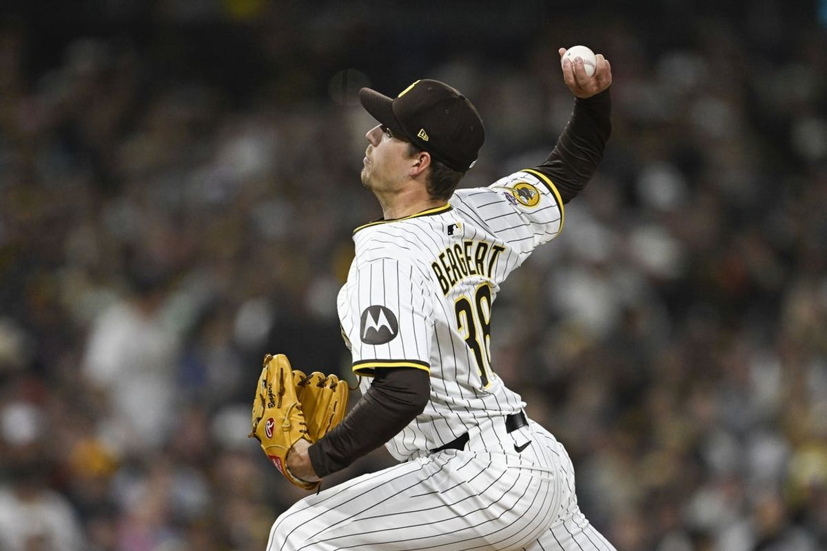 Apr 26, 2025; San Diego, California, USA; San Diego Padres starting pitcher Ryan Bergert (38) delivers during the eighth inning against the Tampa Bay Rays at Petco Park. Mandatory Credit: Denis Poroy-Imagn Images