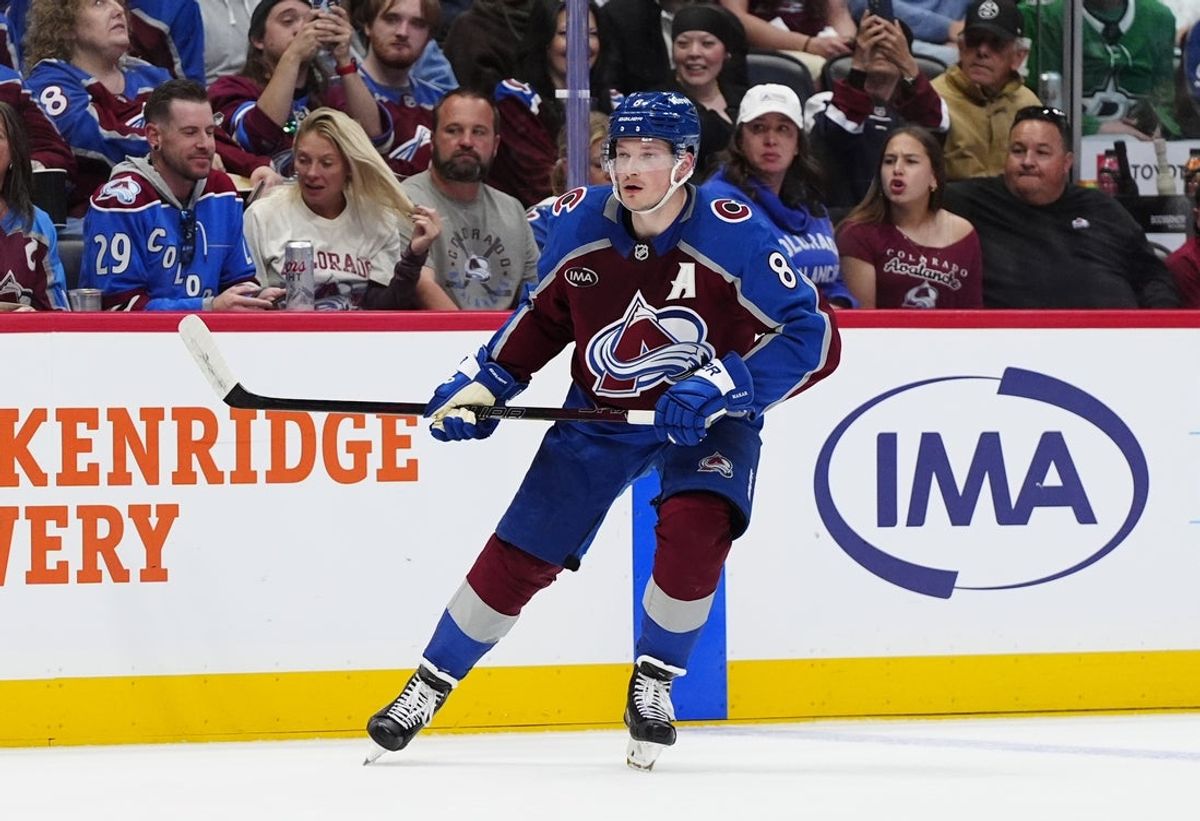 Mar 25, 2025; Denver, Colorado, USA; Colorado Avalanche defenseman Cale Makar (8) during the second period against the Dallas Stars at Ball Arena. Mandatory Credit: Ron Chenoy-Imagn Images