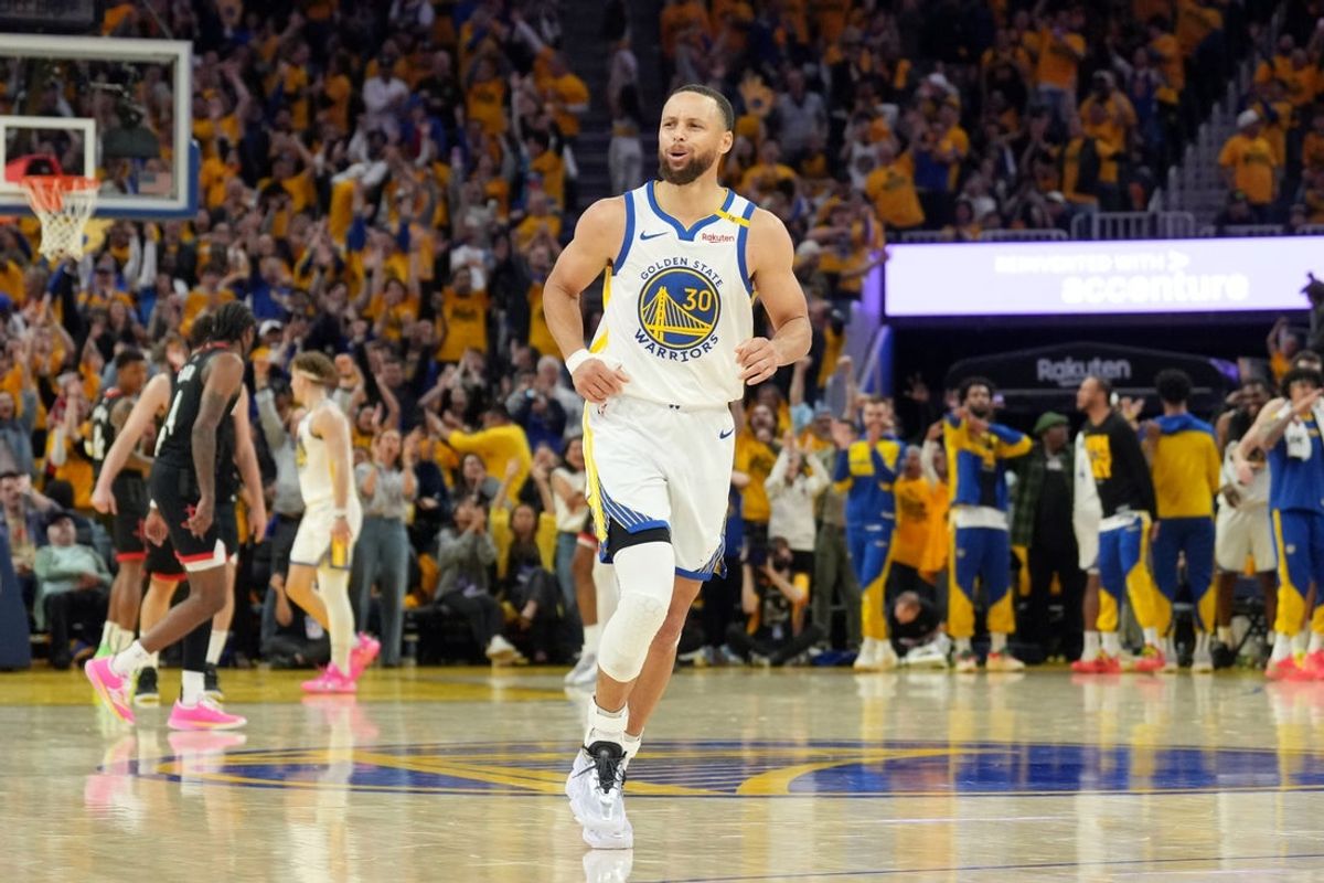Apr 26, 2025; San Francisco, California, USA; Golden State Warriors guard Stephen Curry (30) reacts after making a three point basket against the Houston Rockets during the fourth quarter of game three of first round for the 2024 NBA Playoffs at Chase Center. Mandatory Credit: Darren Yamashita-Imagn Images