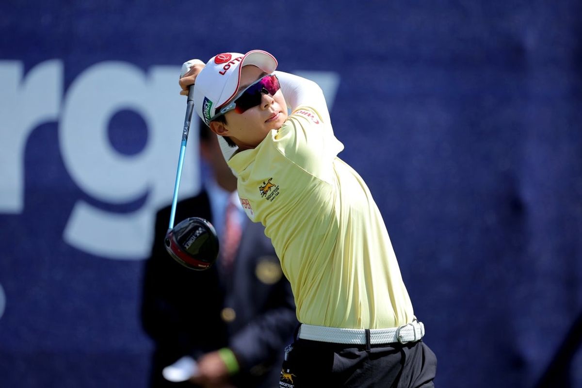 Apr 27, 2025; The Woodlands, Texas, USA; Hyo Joo Kim of Korea hits a tee shot on the first hole during the final round of The Chevron Championship golf tournament. Mandatory Credit: Erik Williams-Imagn Images