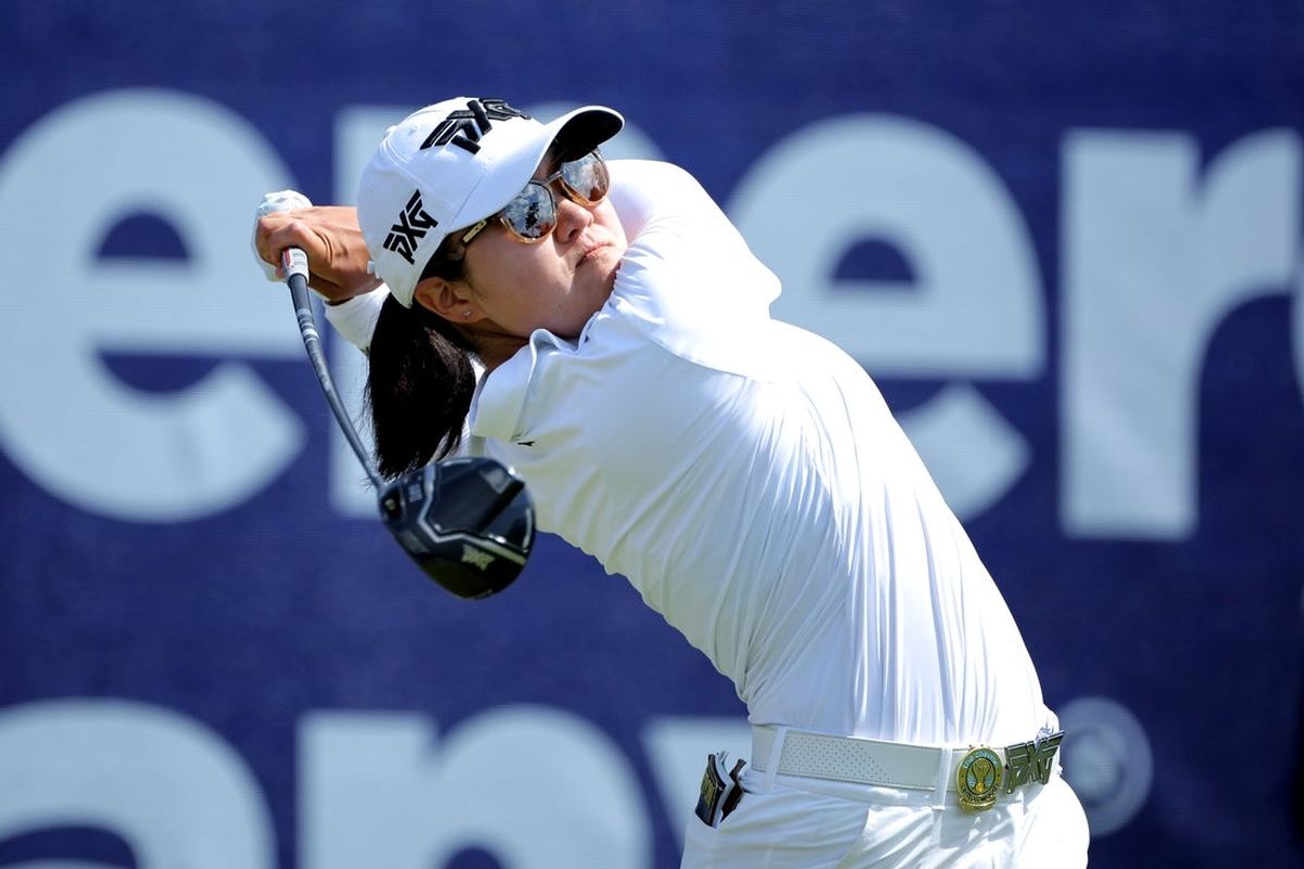 Apr 27, 2025; The Woodlands, Texas, USA; Auston Kim hits a tee shot on the first hole during the final round of The Chevron Championship golf tournament. Mandatory Credit: Erik Williams-Imagn Images