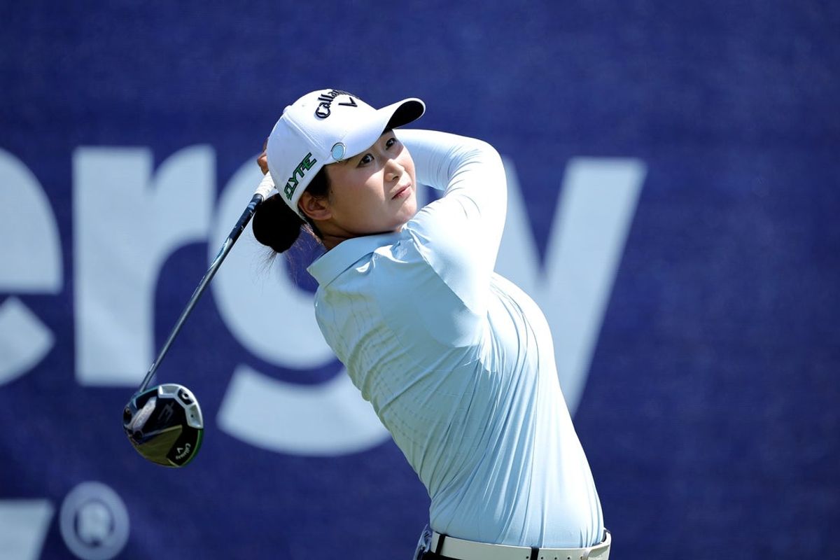 Apr 27, 2025; The Woodlands, Texas, USA; Yan Liu of China hits a tee shot on the first hole during the final round of The Chevron Championship golf tournament. Mandatory Credit: Erik Williams-Imagn Images
