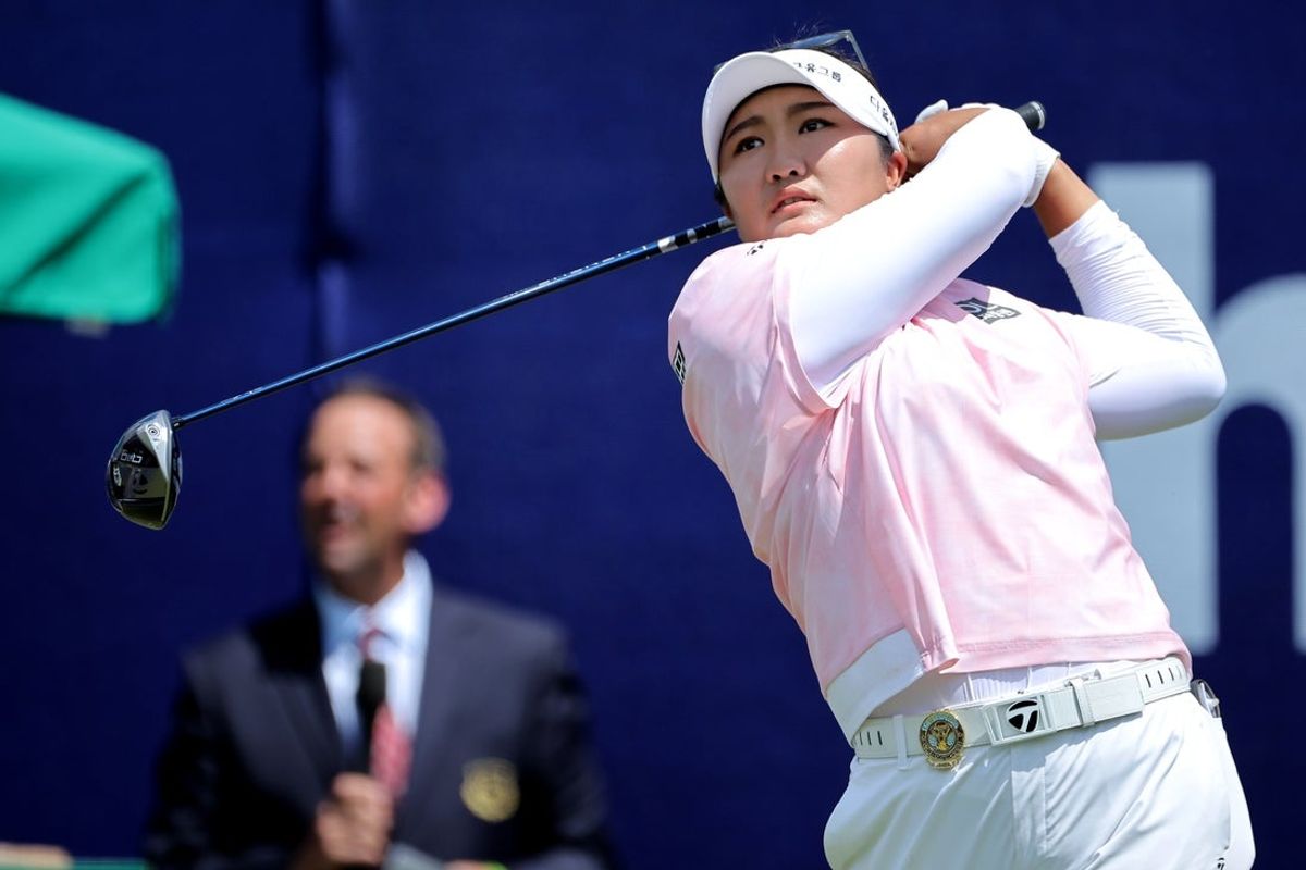 Apr 27, 2025; The Woodlands, Texas, USA; Haeran Ryu of Korea hits a tee shot on the first hole during the final round of The Chevron Championship golf tournament. Mandatory Credit: Erik Williams-Imagn Images