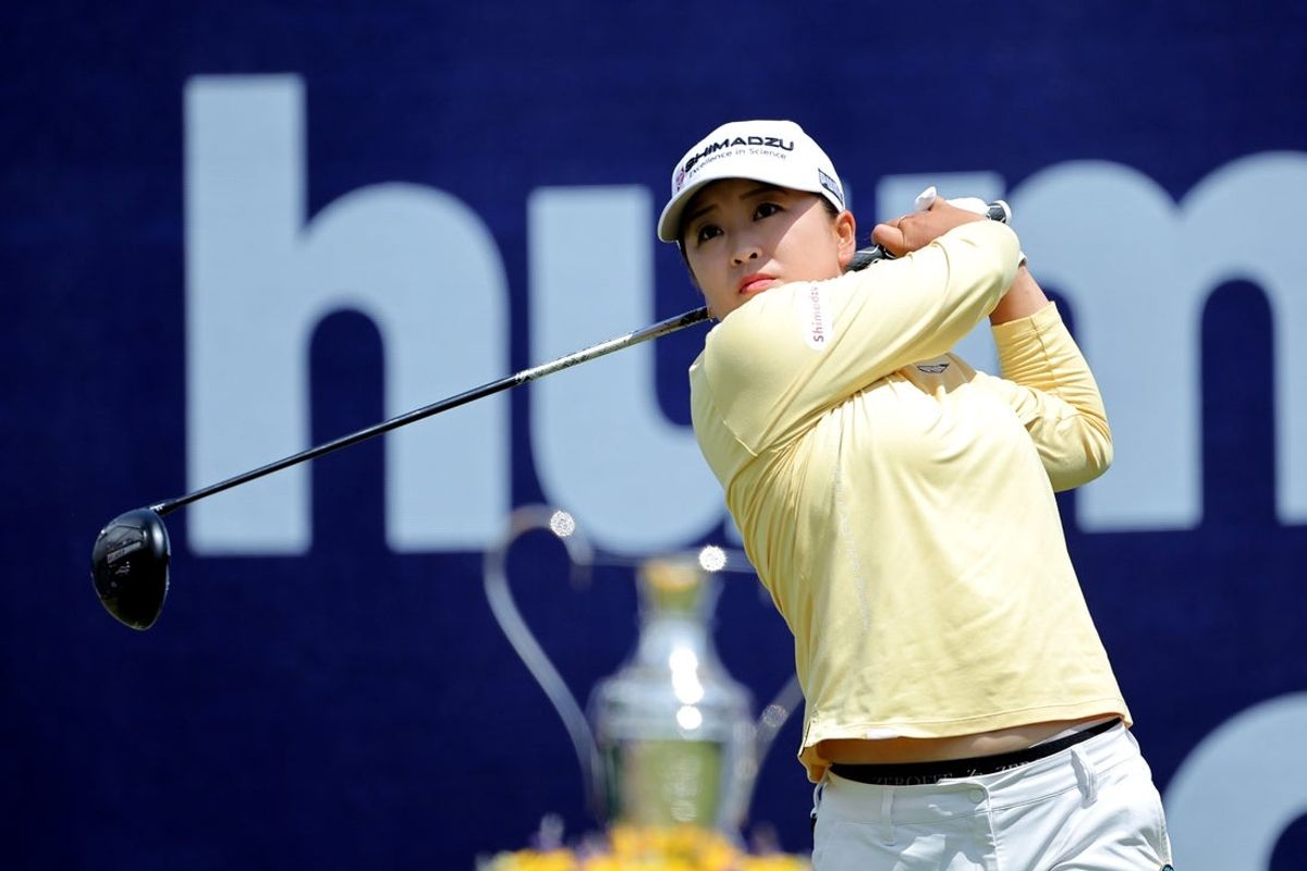 Apr 27, 2025; The Woodlands, Texas, USA; Mao Saigo of Japan hits a tee shot on the first hole during the final round of The Chevron Championship golf tournament. Mandatory Credit: Erik Williams-Imagn Images