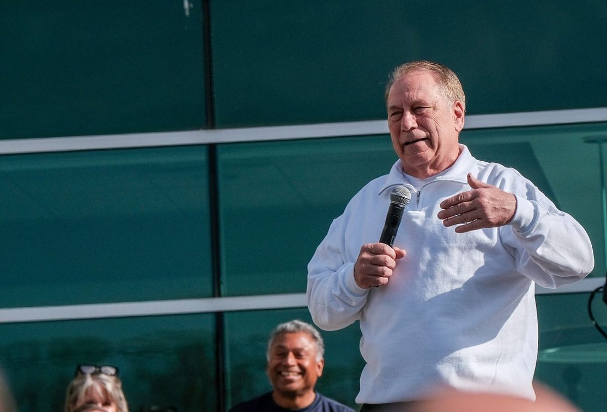 Michigan State Men's Head Basketball Coach Tom Izzo speaks to the crowd before the start of the Izzo Legacy 5K run Sunday, April 27, 2025.