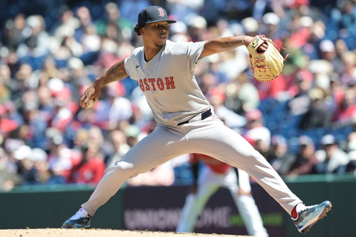 Apr 27, 2025; Cleveland, Ohio, USA; Boston Red Sox starting pitcher Brayan Bello (66) throws a pitch during the first inning against the Cleveland Guardians at Progressive Field. Mandatory Credit: Ken Blaze-Imagn Images