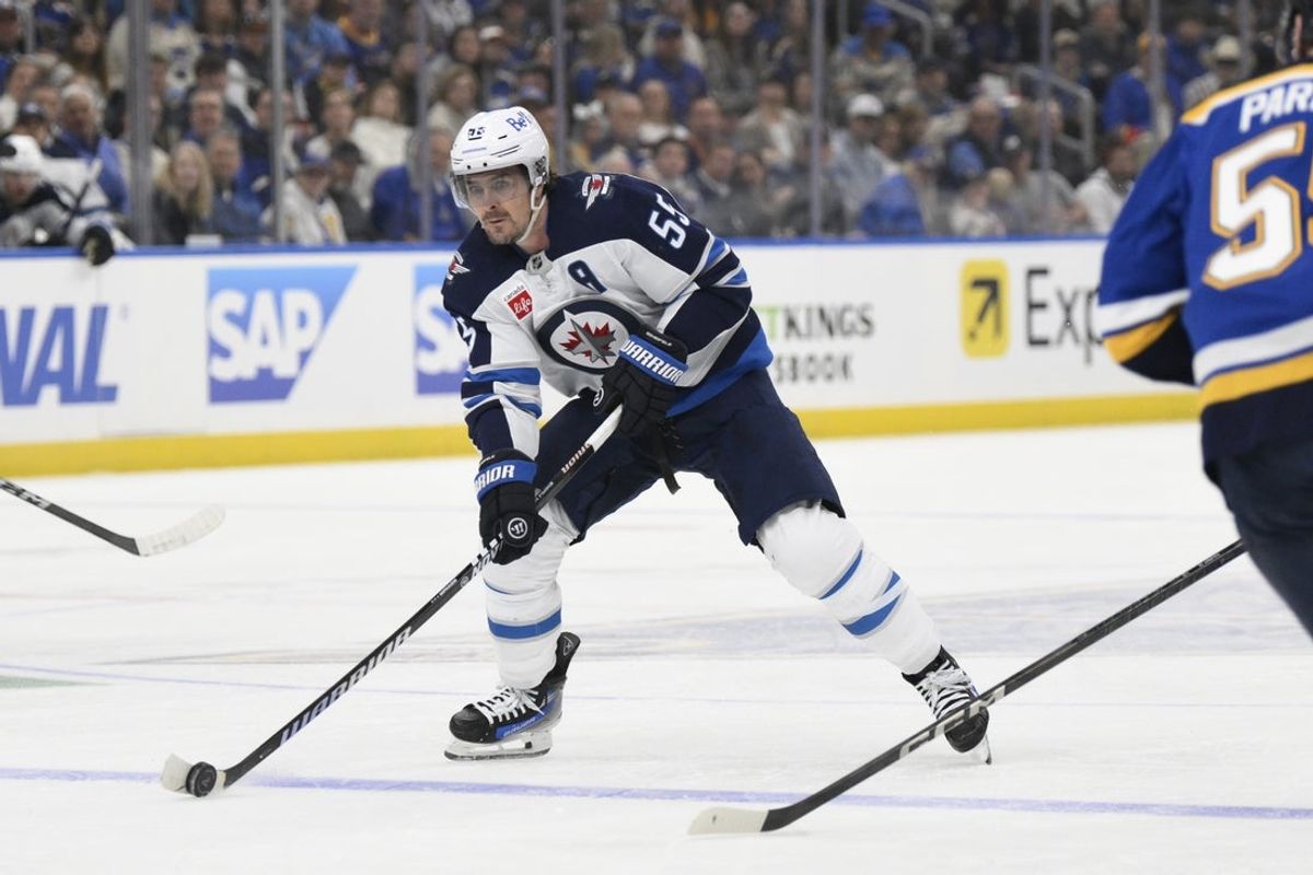 Apr 27, 2025; St. Louis, Missouri, USA; Winnipeg Jets center Mark Scheifele (55) skates against the St. Louis Blues during the first period in game four of the first round of the 2025 Stanley Cup Playoffs at Enterprise Center. Mandatory Credit: Jeff Le-Imagn Images