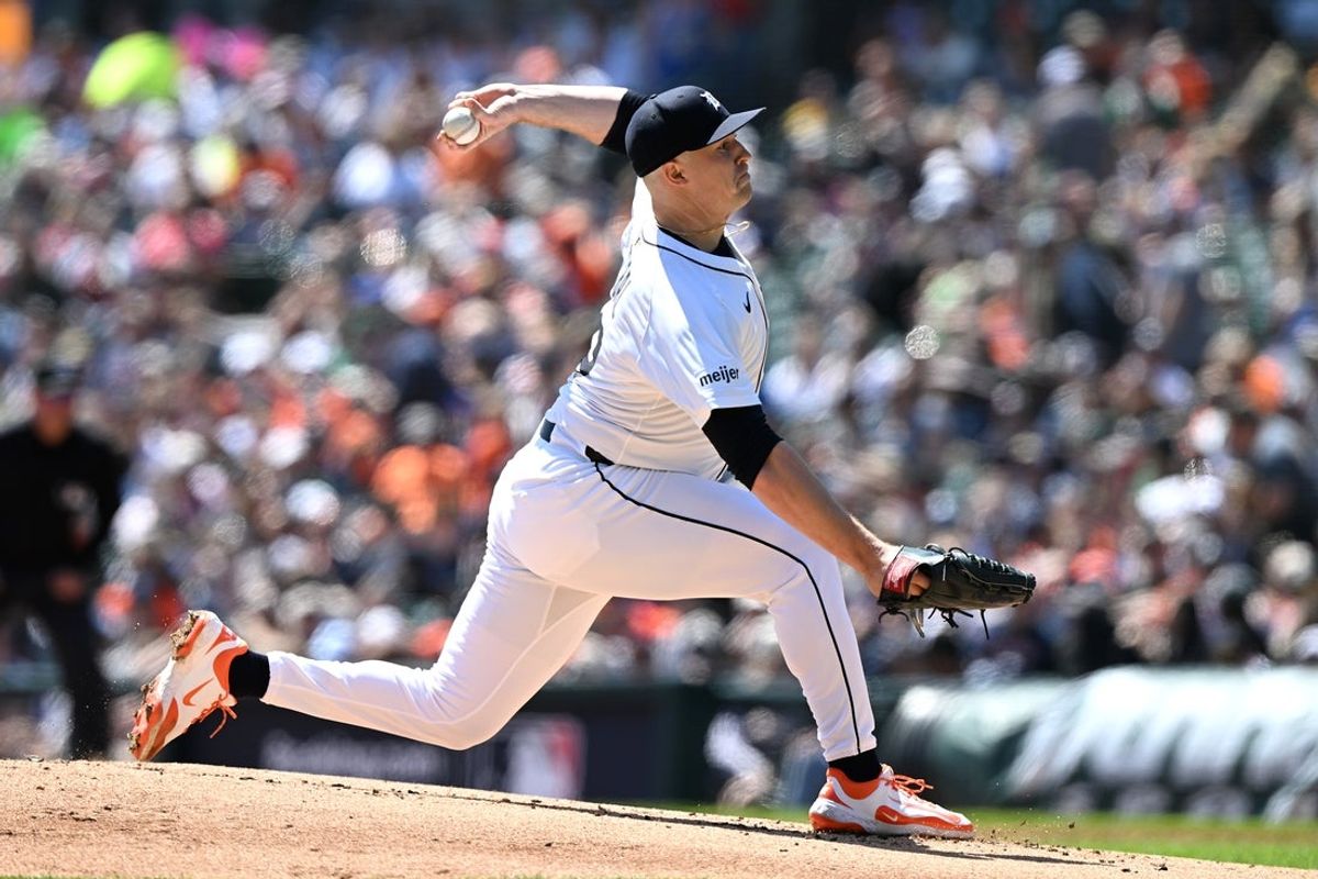 Apr 27, 2025; Detroit, Michigan, USA;  Detroit Tigers starting pitcher Tarik Skubal (29) throws a pitch against the Baltimore Orioles in the second inning at Comerica Park. Mandatory Credit: Lon Horwedel-Imagn Images
