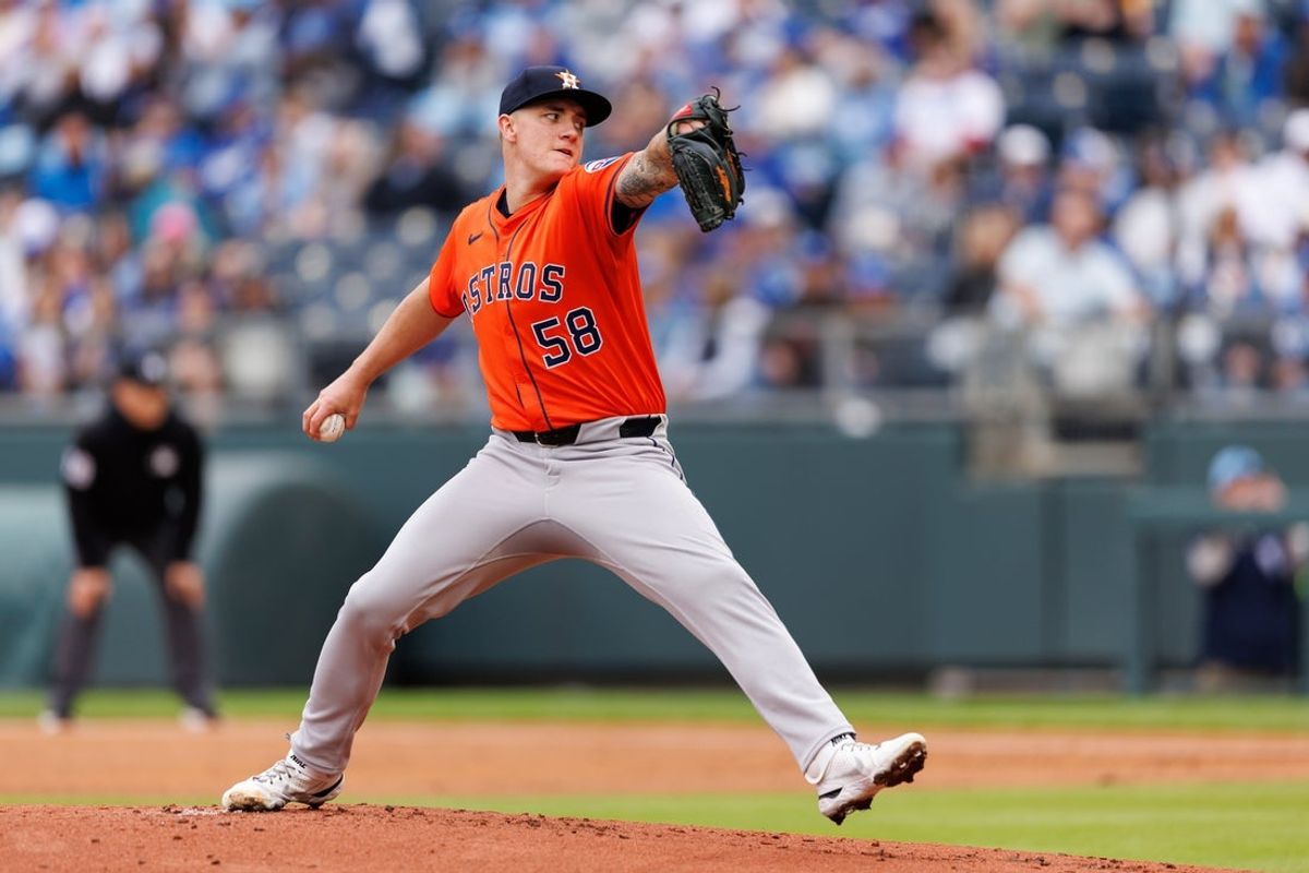 Apr 27, 2025; Kansas City, Missouri, USA; Houston Astros pitcher Hunter Brown (58) pitches during the first inning against the Kansas City Royals  at Kauffman Stadium. Mandatory Credit: William Purnell-Imagn Images