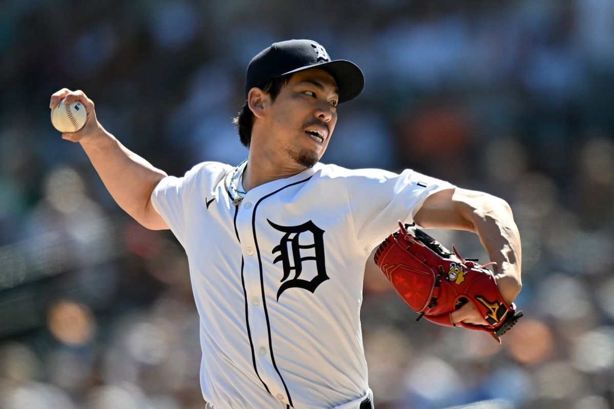 Apr 27, 2025; Detroit, Michigan, USA;  Detroit Tigers pitcher Kenta Maeda (18) throws a pitch against the Baltimore Orioles in the ninth inning at Comerica Park. Mandatory Credit: Lon Horwedel-Imagn Images
