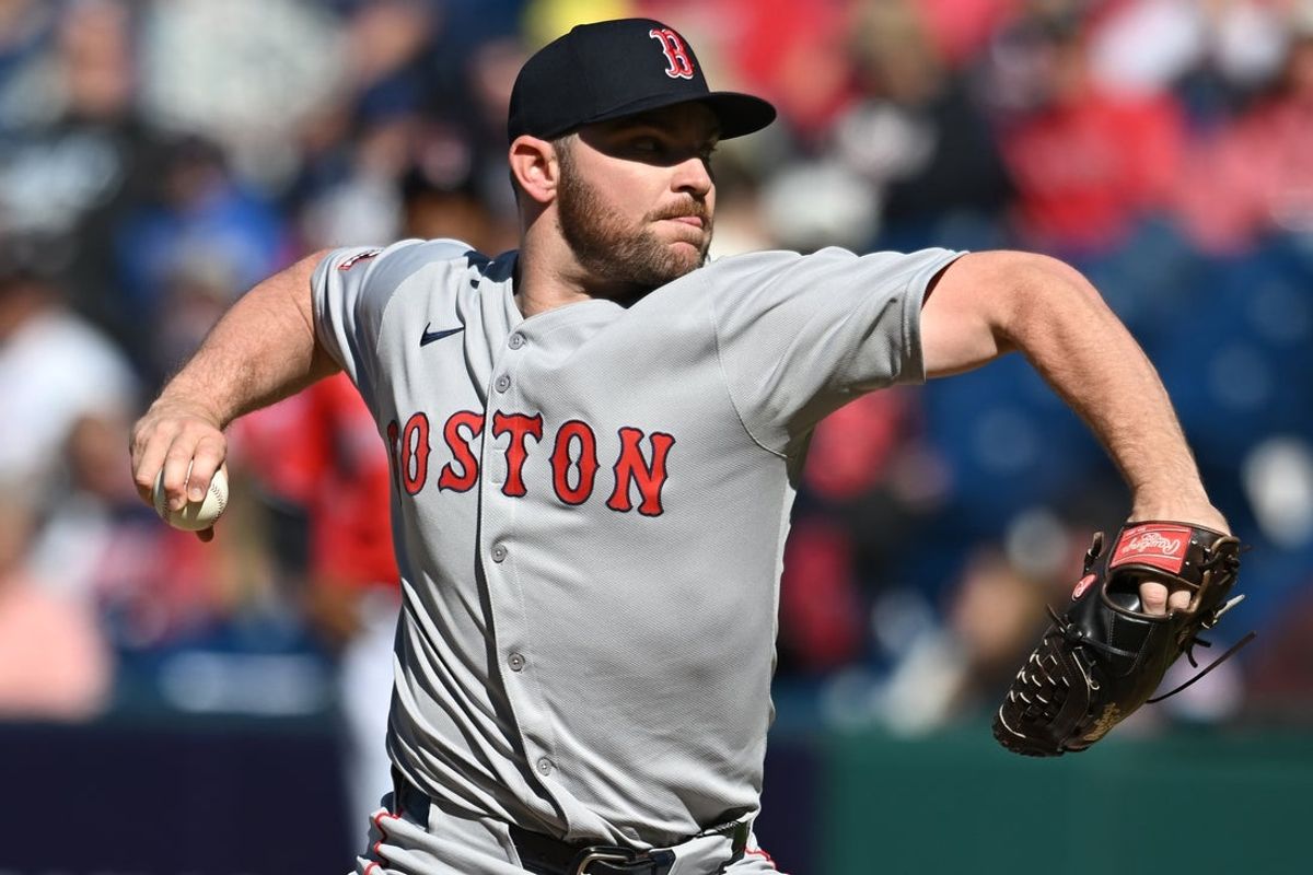 Apr 27, 2025; Cleveland, Ohio, USA; Boston Red Sox relief pitcher Liam Hendriks (31) throws a pitch during the ninth inning against the Cleveland Guardians at Progressive Field. Mandatory Credit: Ken Blaze-Imagn Images