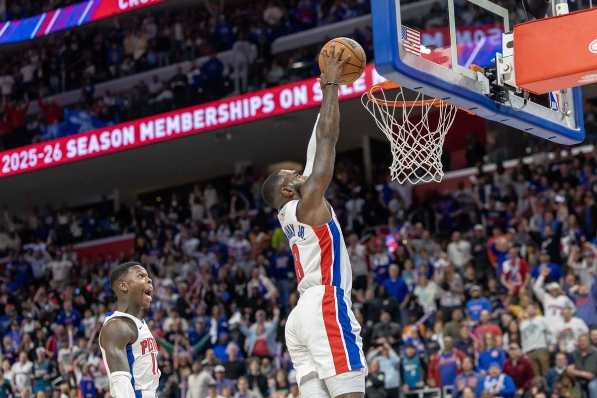 Apr 27, 2025; Detroit, Michigan, USA; Detroit Pistons forward Tim Hardaway Jr. (8) slam dunks the ball at the end of the third quarter of game four of first round for the 2025 NBA Playoffs against the New York Knicks at Little Caesars Arena. Mandatory Credit: David Reginek-Imagn Images