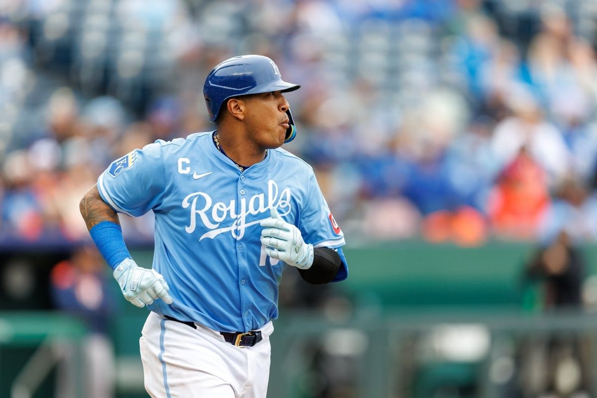 Apr 27, 2025; Kansas City, Missouri, USA; Kansas City Royals catcher Salvador Perez (13) runs to first base after a hit during the sixth inning against the Houston Astros at Kauffman Stadium. Mandatory Credit: William Purnell-Imagn Images