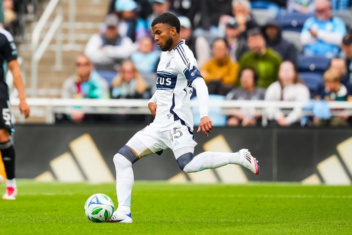 Apr 27, 2025; Saint Paul, Minnesota, USA; Vancouver Whitecaps midfielder Pedro Vite (45) passes during the second half against Minnesota United at Allianz Field. Mandatory Credit: Brace Hemmelgarn-Imagn Images