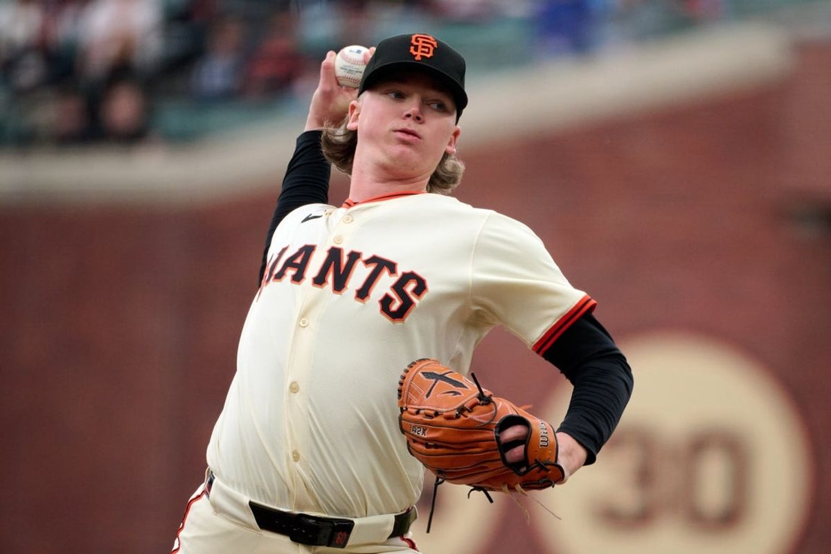 Apr 27, 2025; San Francisco, California, USA; San Francisco Giants pitcher Hayden Birdsong (60) throws a pitch against the Texas Rangers during the seventh inning at Oracle Park. Mandatory Credit: Robert Edwards-Imagn Images