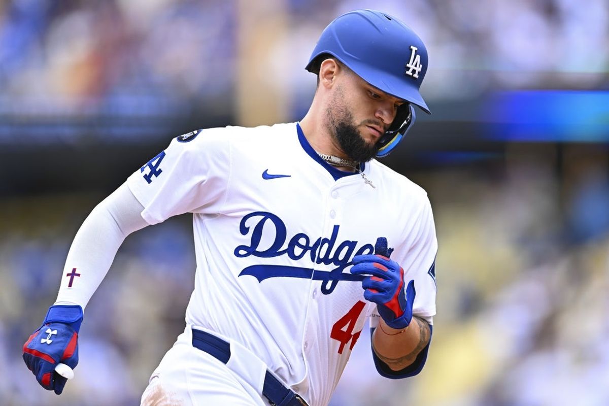 Apr 27, 2025; Los Angeles, California, USA; Los Angeles Dodgers outfielder Andy Pages (44) rounds the bases after hitting a two-run home run against the Pittsburgh Pirates during the fifth inning at Dodger Stadium. Mandatory Credit: Jonathan Hui-Imagn Images