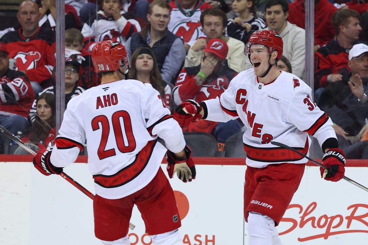 Apr 27, 2025; Newark, New Jersey, USA; Carolina Hurricanes right wing Andrei Svechnikov (37) celebrates his goal against the New Jersey Devils during the third period in game four of the first round of the 2025 Stanley Cup Playoffs at Prudential Center. Mandatory Credit: Ed Mulholland-Imagn Images
