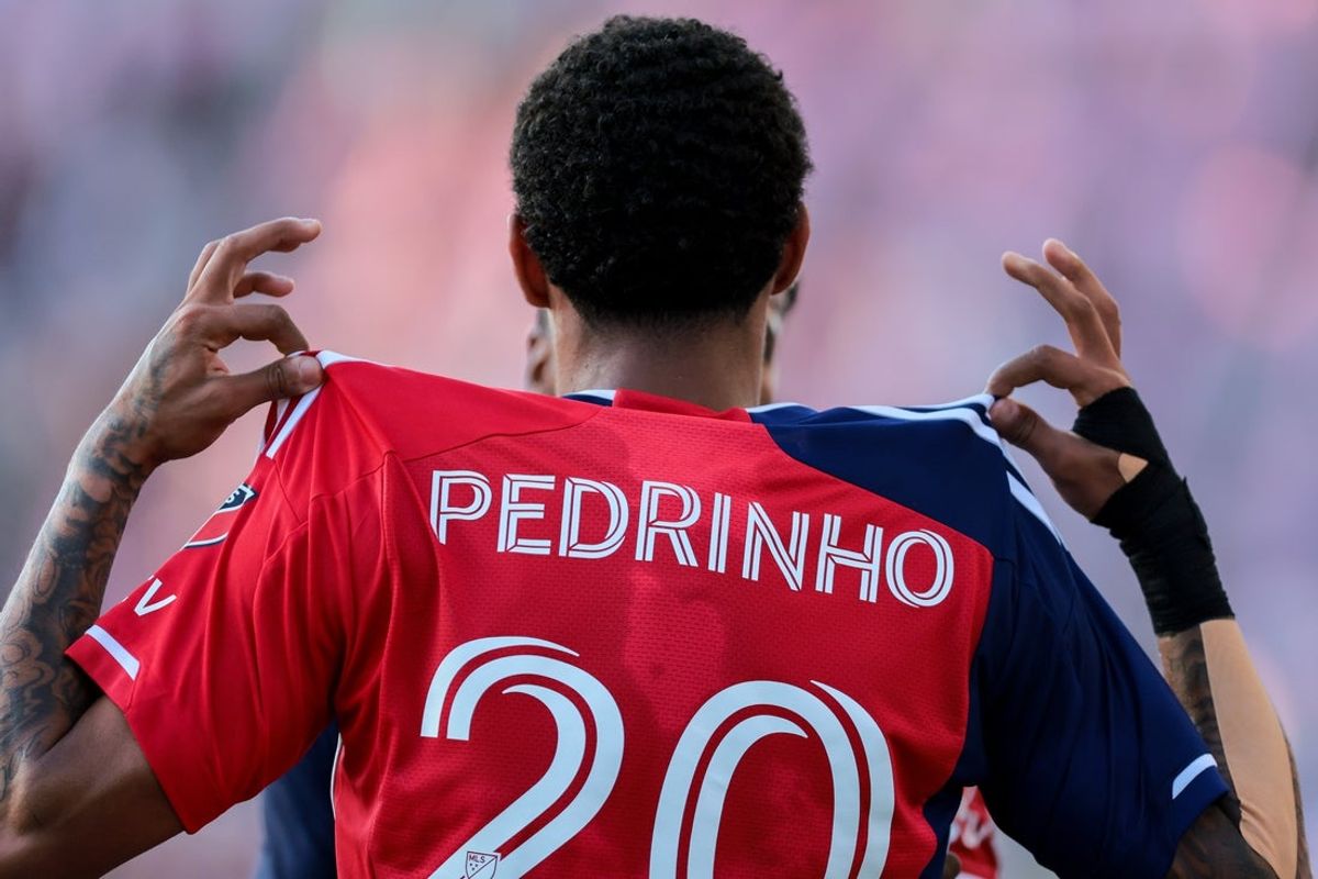 Apr 27, 2025; Fort Lauderdale, Florida, USA; FC Dallas midfielder Pedrinho (20) celebrates after scoring against Inter Miami CF during the second half at Chase Stadium. Mandatory Credit: Sam Navarro-Imagn Images