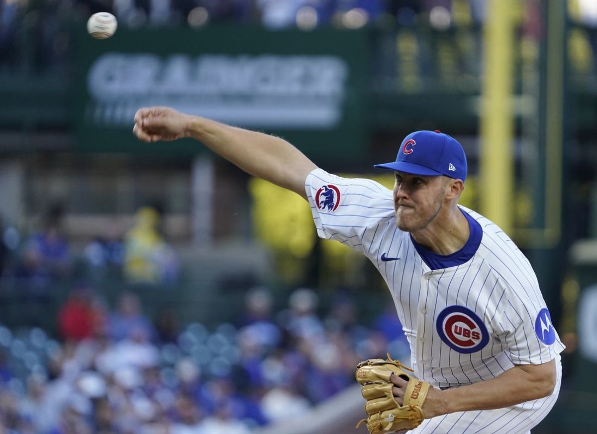 Apr 27, 2025; Chicago, Illinois, USA; Chicago Cubs pitcher Jameson Taillon (50) throws the ball against the Philadelphia Phillies during the first inning at Wrigley Field. Mandatory Credit: David Banks-Imagn Images