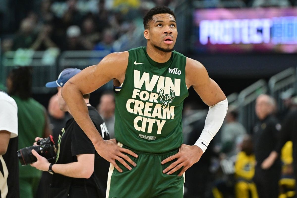 Apr 27, 2025; Milwaukee, Wisconsin, USA; Milwaukee Bucks forward Giannis Antetokounmpo (34) gets ready to play Indiana Pacers during game four of first round for the 2024 NBA Playoffs at Fiserv Forum. Mandatory Credit: Benny Sieu-Imagn Images