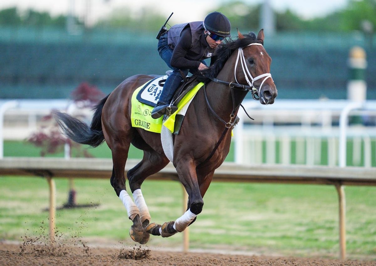 2025 Kentucky Derby contender Grande works with rider Juan Suarez Monday morning April 28, 2025 at Churchill Downs in Louisville, Kentucky. Trainer is Todd Pletcher.