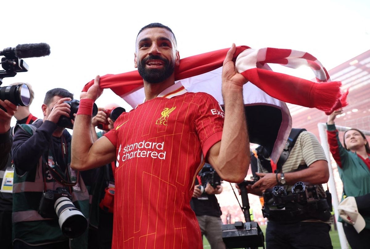 [US, Mexico & Canada customers only] April 27, 2025; Anfield, Liverpool, BRITAIN; Liverpool player Mohamed Salah celebrates after winning the Premier League. Mandatory Credit: Phil Noble/Reuters via Imagn Images