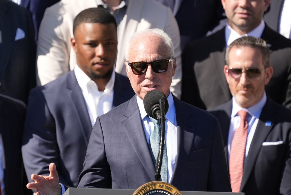 Apr 28, 2025; Washington, DC, USA; Philadelphia Eagles' owner Jeffrey Lurie speaks as President Donald Trump honors the Super Bowl LIX champion Philadelphia Eagles at The White House in Washington D.C., on April 28, 2025. Mandatory Credit: Josh Morgan-USA TODAY via Imagn Images