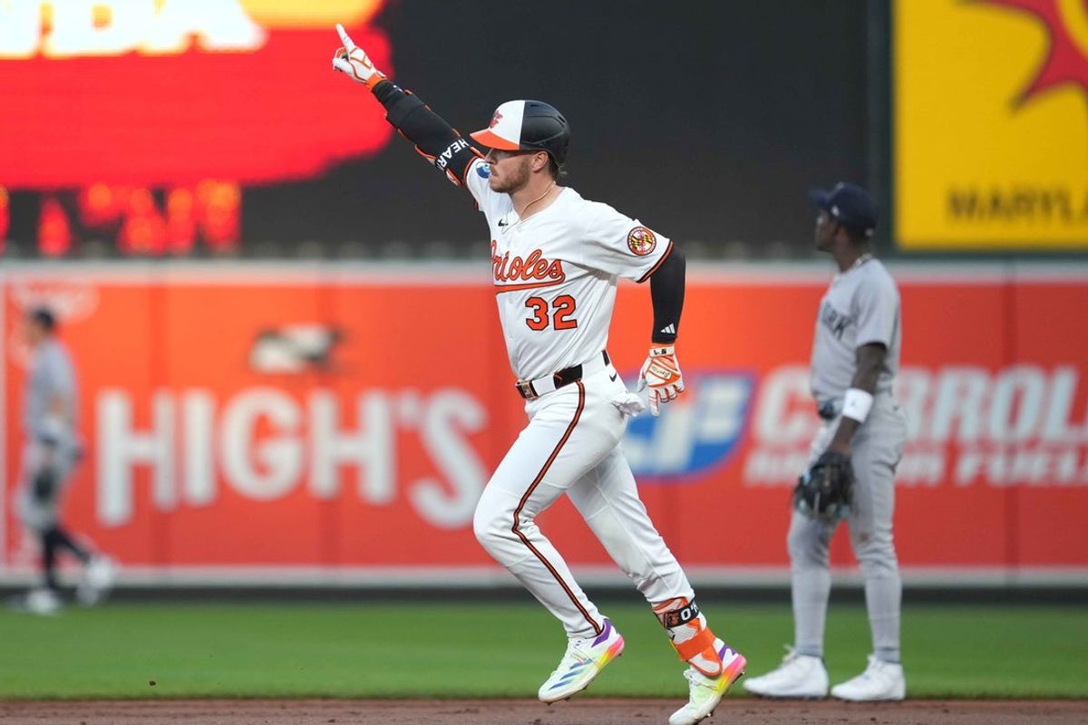 Apr 28, 2025; Baltimore, Maryland, USA; Baltimore Orioles  designated hitter Ryan O’Hearn (32) gestures following his three run home run in the third inning against the New York Yankees at Oriole Park at Camden Yards. Mandatory Credit: Mitch Stringer-Imagn Images
