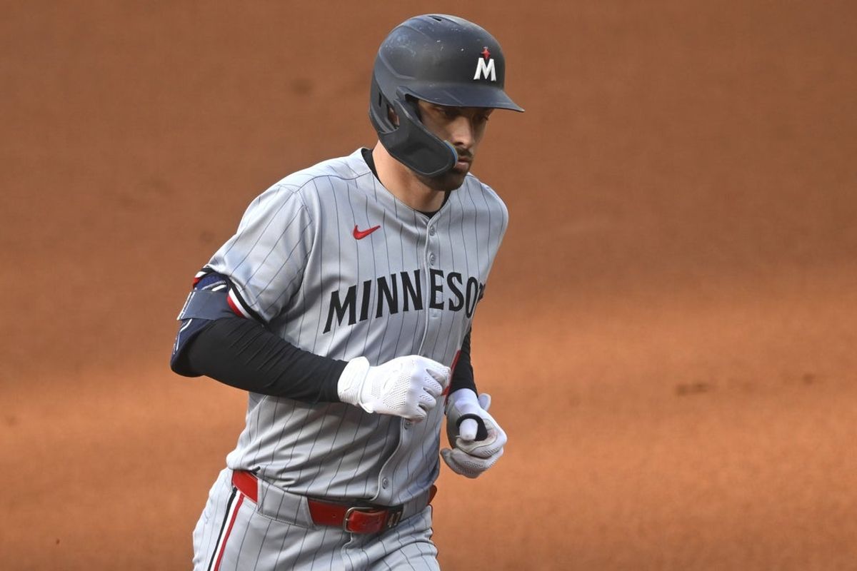 Apr 28, 2025; Cleveland, Ohio, USA; Minnesota Twins second baseman Edouard Julien (47) rounds the bases on his solo home run in the first inning against the Cleveland Guardians at Progressive Field. Mandatory Credit: David Richard-Imagn Images