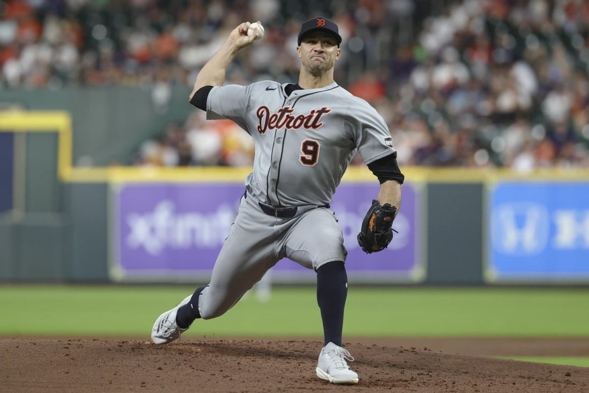 Apr 28, 2025; Houston, Texas, USA; Detroit Tigers starting pitcher Jack Flaherty (9) delivers a pitch during the second inning against the Houston Astros at Daikin Park. Mandatory Credit: Troy Taormina-Imagn Images