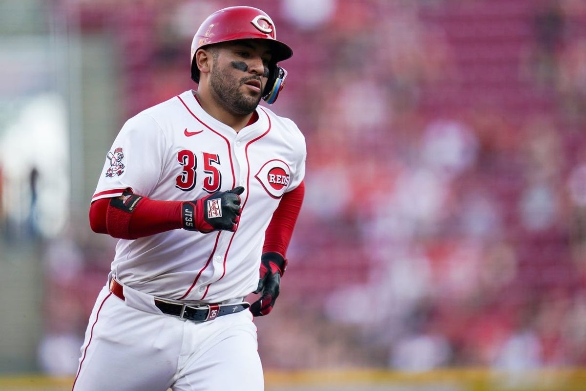 Cincinnati Reds catcher Jose Trevino (35) runs the bases after hitting a homer in the third inning of a MLB game between the Cincinnati Reds and St. Louis Cardinals, Monday, April 28, 2025, at Great American Ball Park in Downtown Cincinnati.