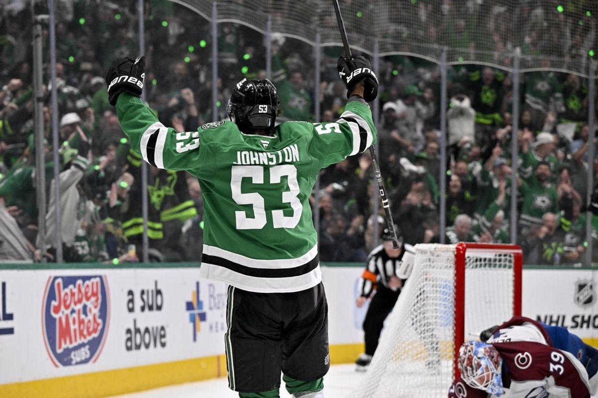 Apr 28, 2025; Dallas, Texas, USA; Dallas Stars center Wyatt Johnston (53) celebrates after he scores a a power-play goal against the Colorado Avalanche during the second period in game five of the first round of the 2025 Stanley Cup Playoffs at American Airlines Center. Mandatory Credit: Jerome Miron-Imagn Images