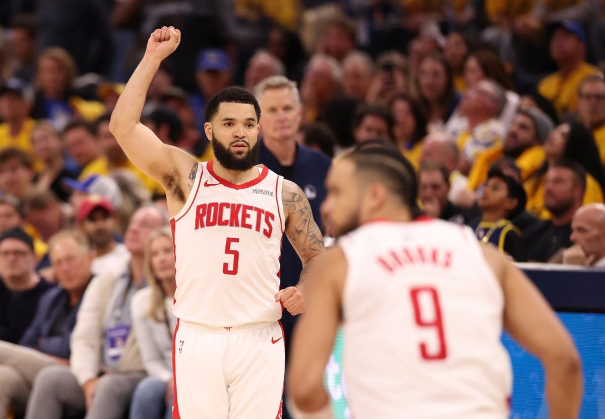 Apr 28, 2025; San Francisco, California, USA; Houston Rockets guard Fred VanVleet (5) gestures after scoring a basket against the Golden State Warriors during the fourth quarter of game four of the 2025 NBA Playoffs first round at Chase Center. Mandatory Credit: Kelley L Cox-Imagn Images
