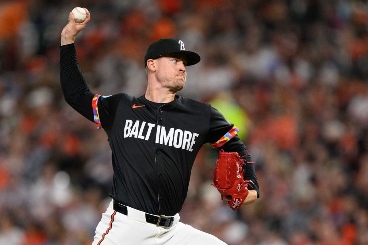 Apr 18, 2025; Baltimore, Maryland, USA; Baltimore Orioles pitcher Scott Blewett (67) throws a pitch during the seventh inning against the Cincinnati Reds at Oriole Park at Camden Yards. Mandatory Credit: Reggie Hildred-Imagn Images