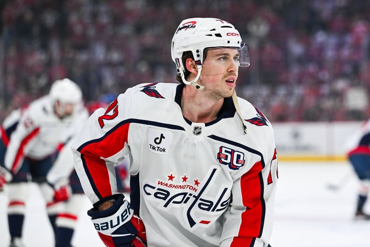 Apr 27, 2025; Montreal, Quebec, CAN; Washington Capitals left wing Anthony Beauvillier (72) looks on during warm-up before the game against the Montreal Canadiens in game four of the first round of the 2025 Stanley Cup Playoffs at Bell Centre. Mandatory Credit: David Kirouac-Imagn Images